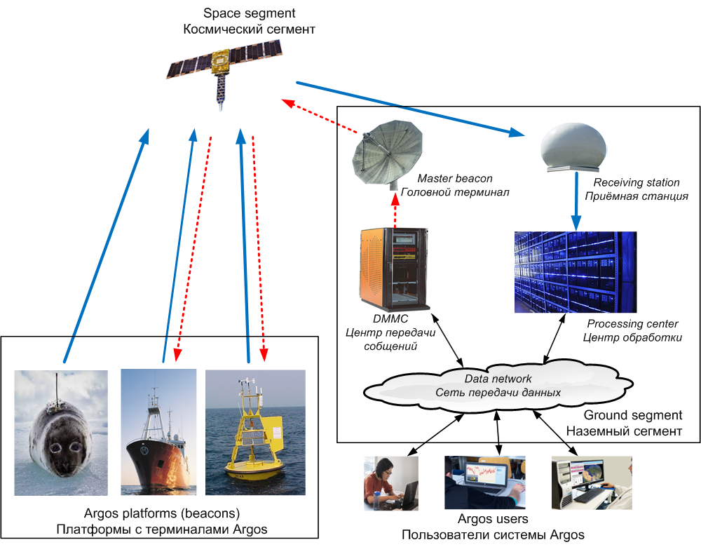 A schematic of the Argos satellite data-collection system.