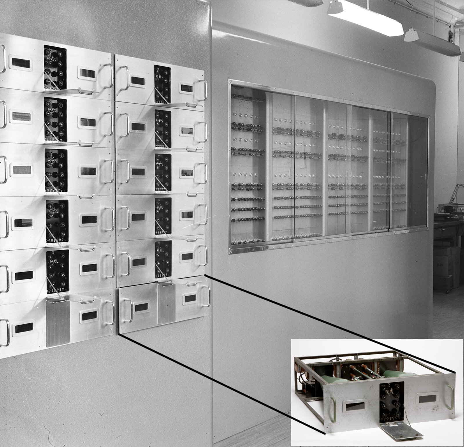 BESK's Williams tube memory rack -- cathode-ray tubes storing data as electric charges on phosphor screens. Each tube held a few hundred bits. Unreliable, requiring daily 30-minute calibration, they were replaced by ferrite core memory in 1956. Wikimedia Commons, CC BY-SA 4.0.