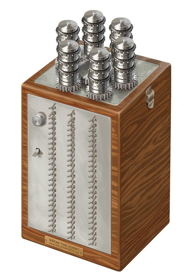 A 3D reconstruction of the Polish bomba kryptologiczna. Six Enigma-replica rotor sets cycled through 17 576 positions automatically. The physical devices were destroyed before the German invasion. Image via Wikimedia Commons.