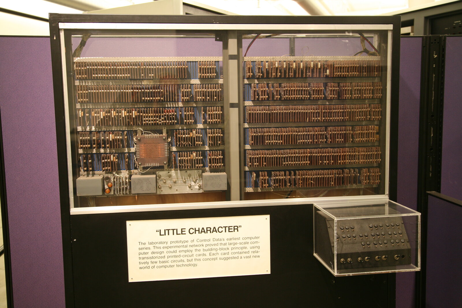 Cray's 1957 board prototype on display at the Computer History Museum.