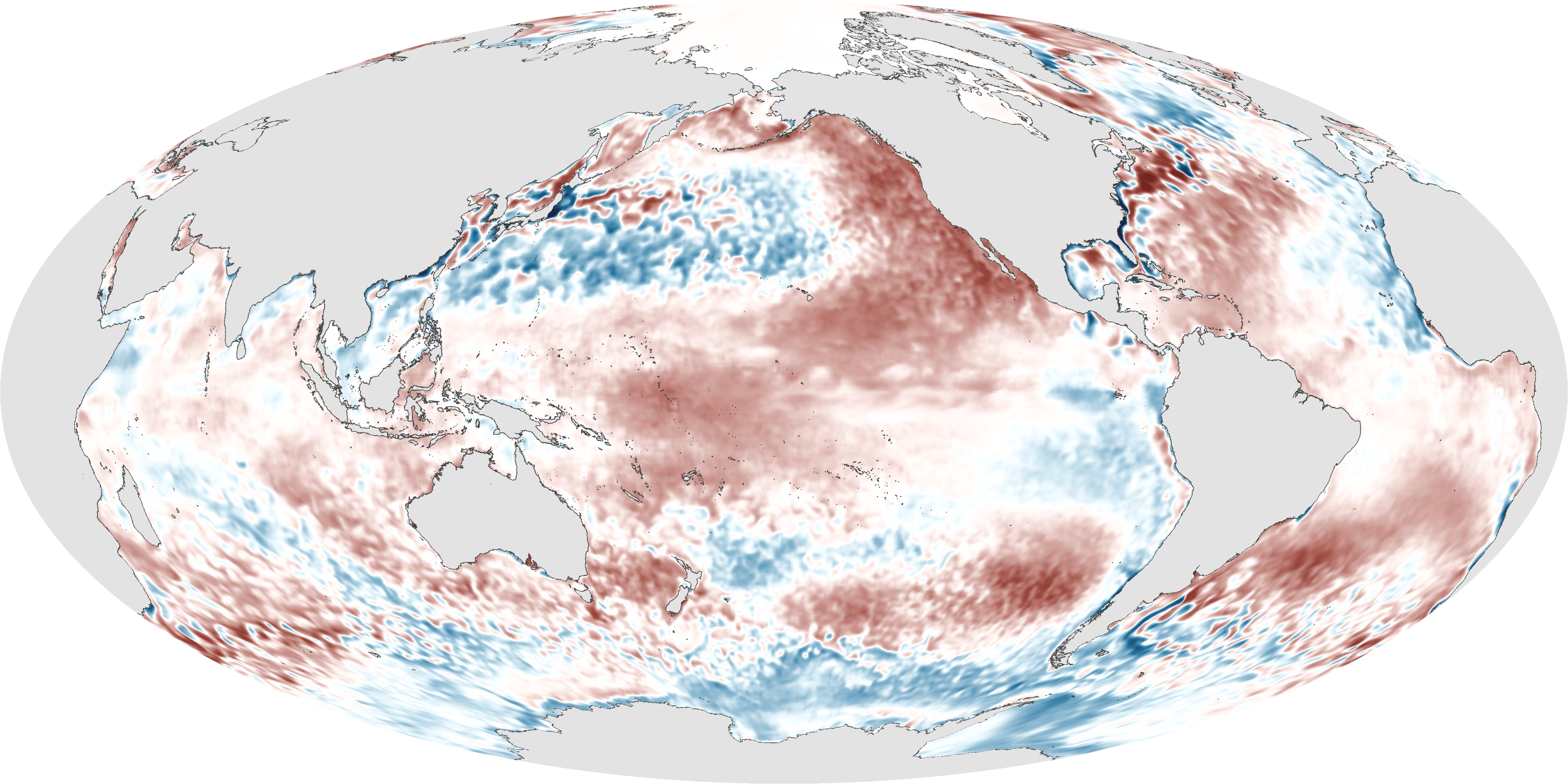 A NOAA satellite map of sea-surface temperature anomalies for February 2015 during one of the strongest El Niño events on record. The warm tongue stretching from Peru west across the equatorial Pacific is the signature of the phenomenon Bjerknes explained in 1969. Photo: NOAA, public domain.