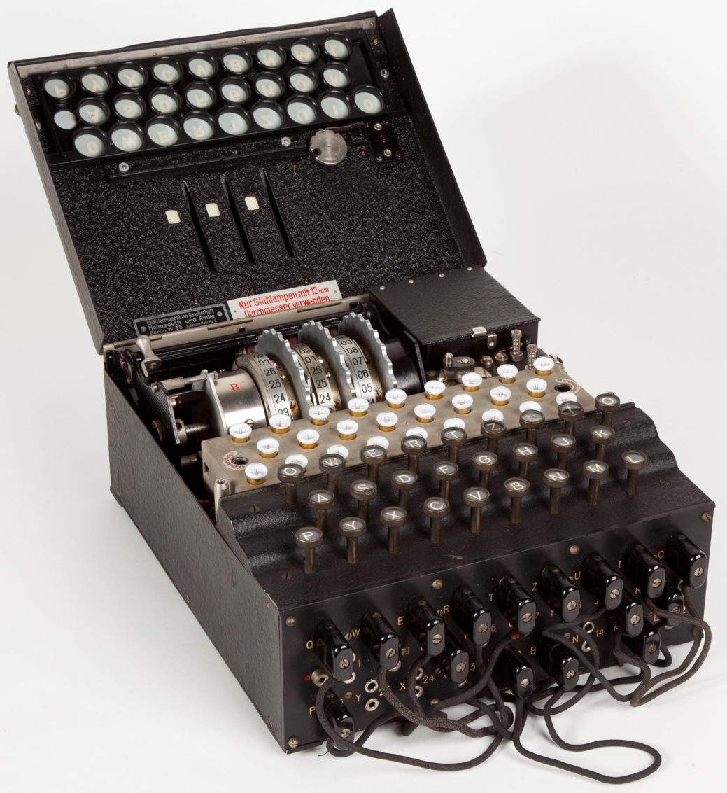 A military Enigma I machine with its plugboard cables visible at the front. The three rotors sit under the lid. Each rotor contained 26 contacts, and the plugboard added another layer of substitution. Photo: Museo Scienza e Tecnologia, Milan, via Wikimedia Commons.
