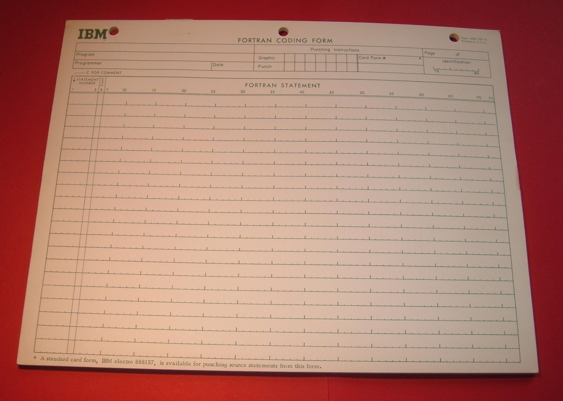An IBM FORTRAN coding form. Programmers filled these in by hand, column by column (1 for a C comment mark, 1 through 5 for the statement label, 6 for continuation, 7 through 72 for the statement, 73 through 80 for the card sequence number), before handing them to keypunch operators. The layout reflected the 80-column IBM punch card. Photo: Arnold Reinhold, via Wikimedia Commons (CC BY-SA 3.0).