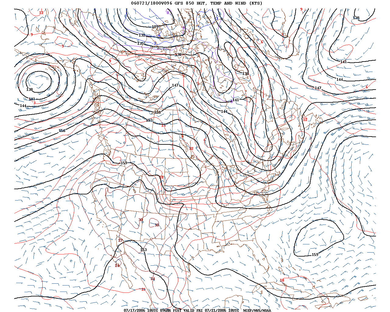 A GFS 850 hPa forecast map. The operational global forecast of the United States is produced every six hours by a model whose dynamical core -- FV3 -- is written in Fortran, and whose descendants trace directly to Syukuro Manabe's 1960s code at GFDL. Photo: NOAA/NWS (public domain).
