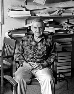 Henry Stommel at Woods Hole. The founding theorist of modern dynamical oceanography. His 1948 paper on the westward intensification of the Gulf Stream taught a generation of oceanographers that the ocean circulation could be understood mathematically. Bryan spent his formative years at WHOI in Stommel's orbit. Photo: Vicky Cullen, WHOI, 1979 (NOAA, public domain).