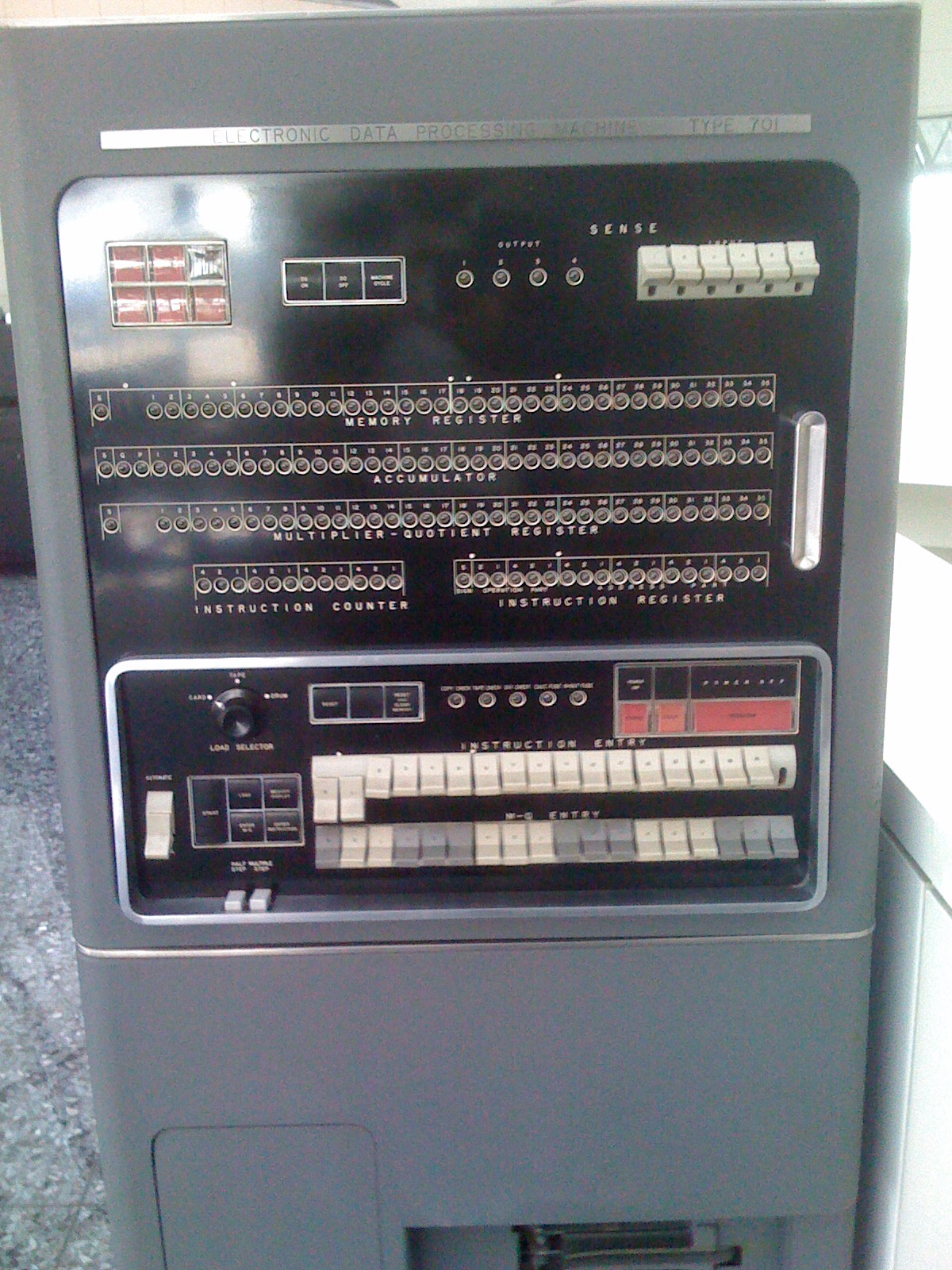 A close-up of an IBM 701 console and control panel. The operator at the console had to keep the Williams tube memory refreshed, watch for parity errors, and restart the forecast when the machine crashed -- which happened roughly every half hour. Photo: Wikimedia Commons.
