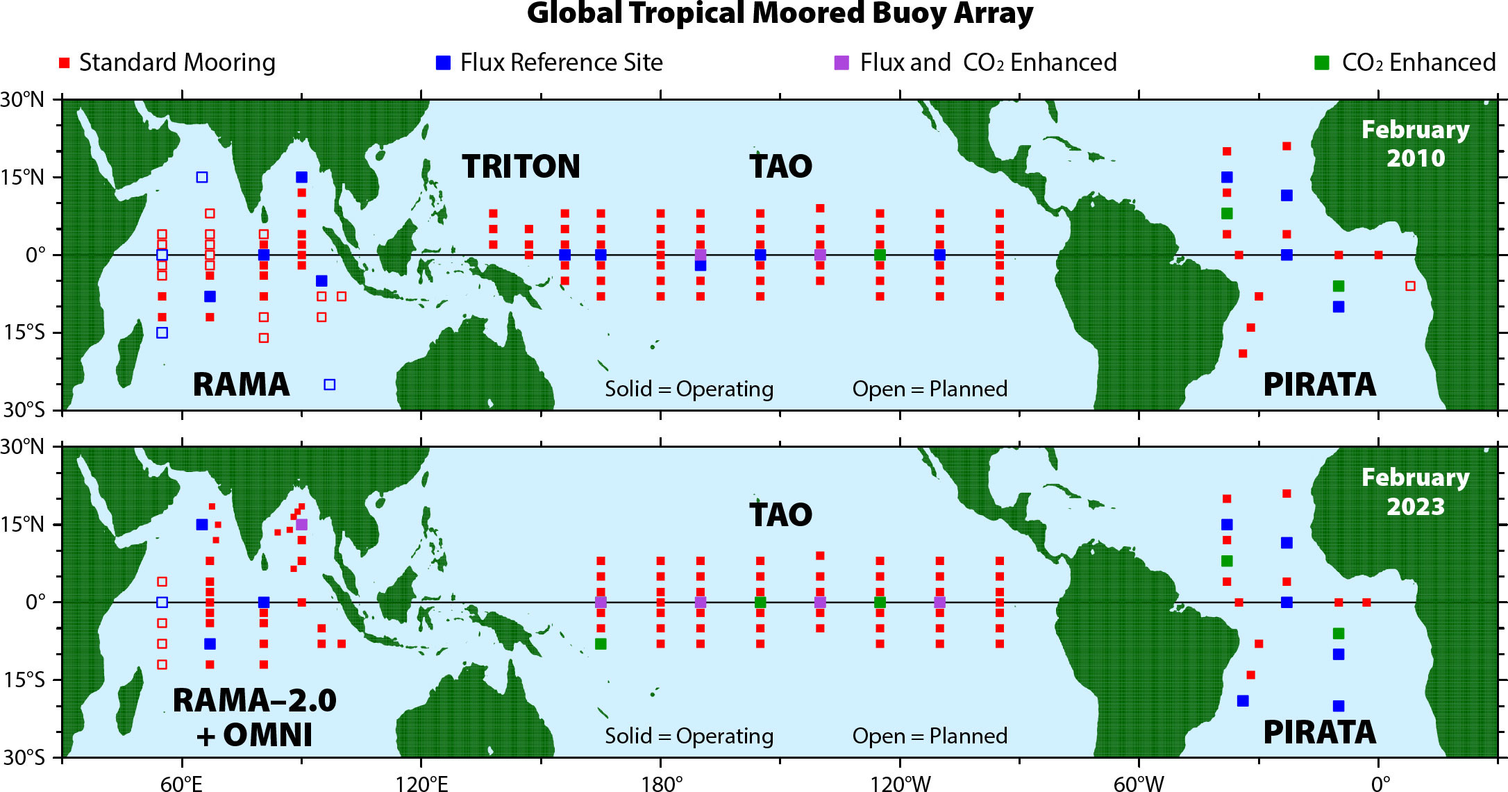 The Global Tropical Moored Buoy Array as of 2010 and 2023.