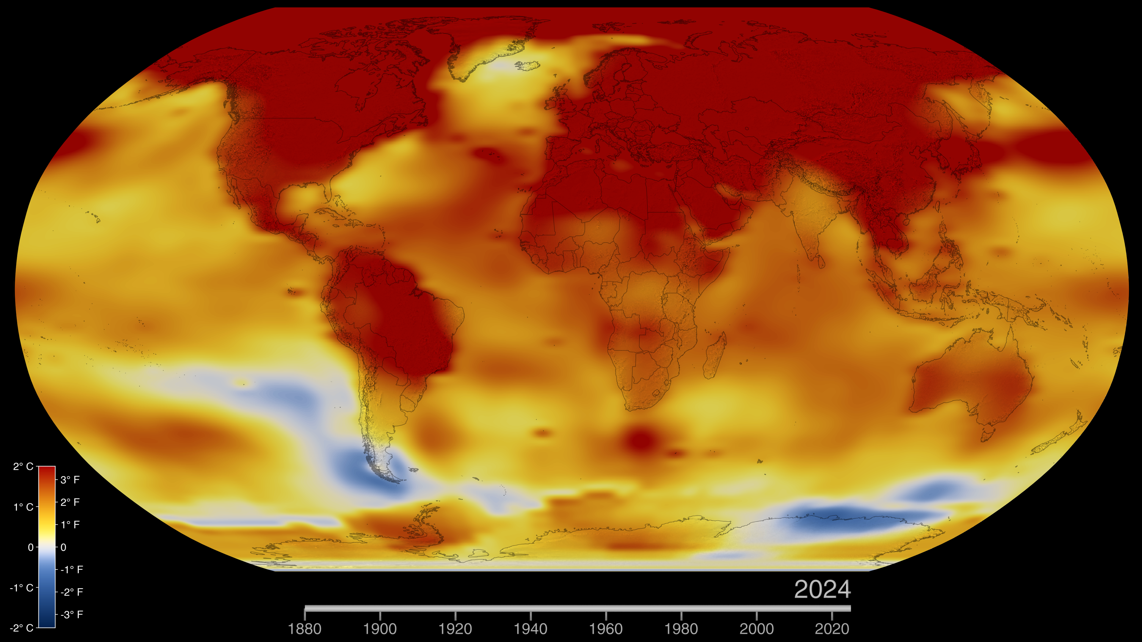 Global surface-temperature anomaly from NASA's GISTEMP 2024 analysis. The Earth-system models that quantify what is happening to this curve -- what will happen to it in 2050, 2100 -- run on Fortran code whose algorithmic lineage traces directly to Syukuro Manabe's 1967 paper on radiative-convective equilibrium. Photo: NASA Scientific Visualization Studio (public domain).