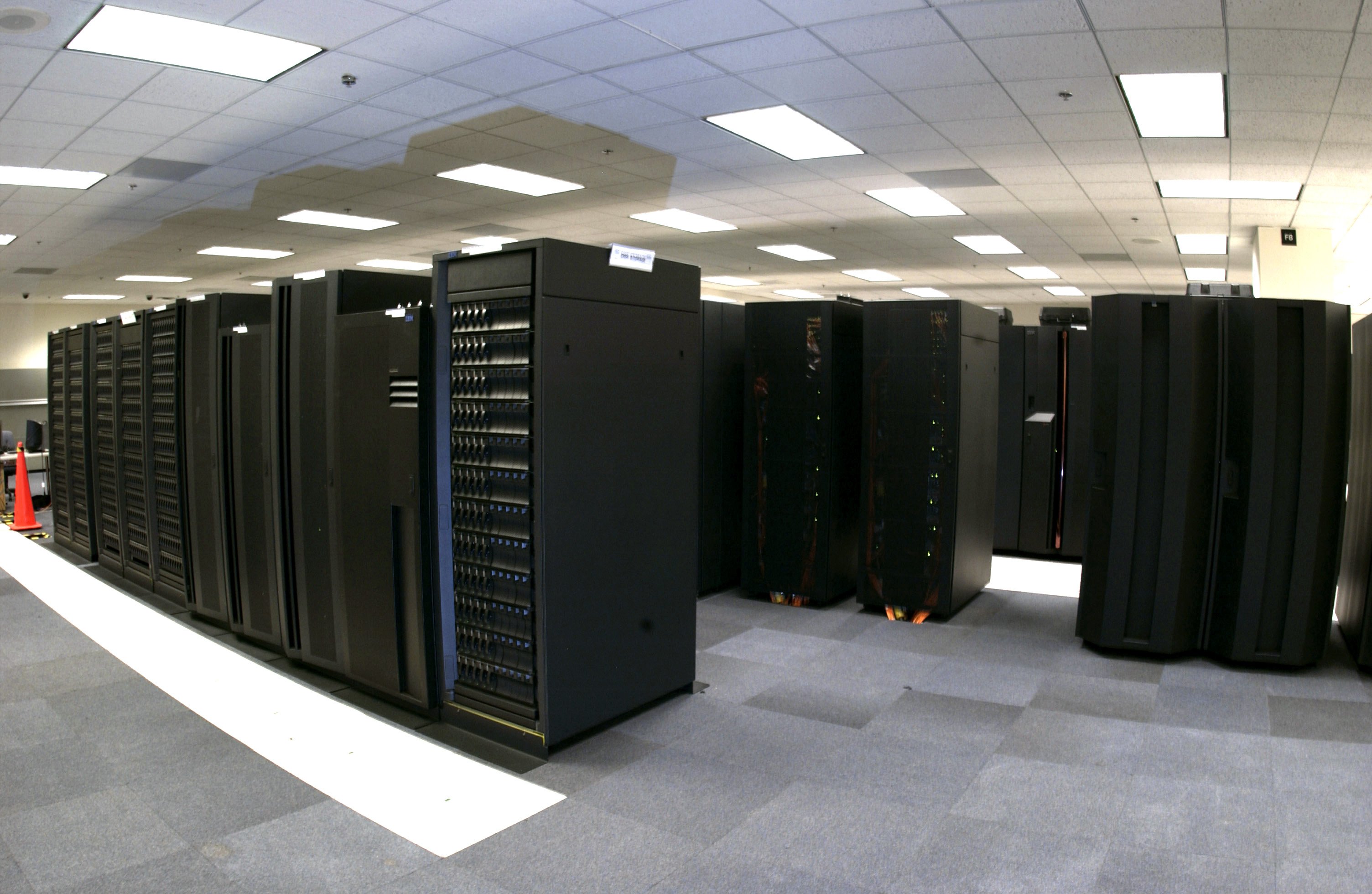 Rows of IBM Power-based supercomputer racks at NOAA, 2009.