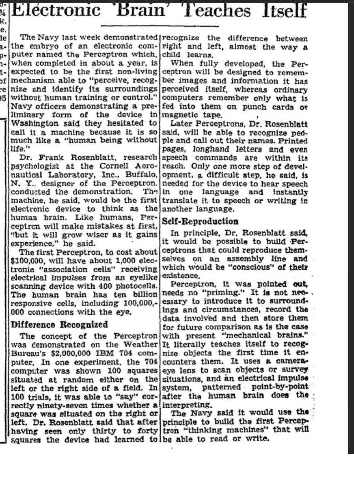 The New York Times coverage of the Perceptron, July 1958. The Navy's promise of a machine that could "walk, talk, see, write, reproduce itself and be conscious of its existence" would haunt AI for decades.