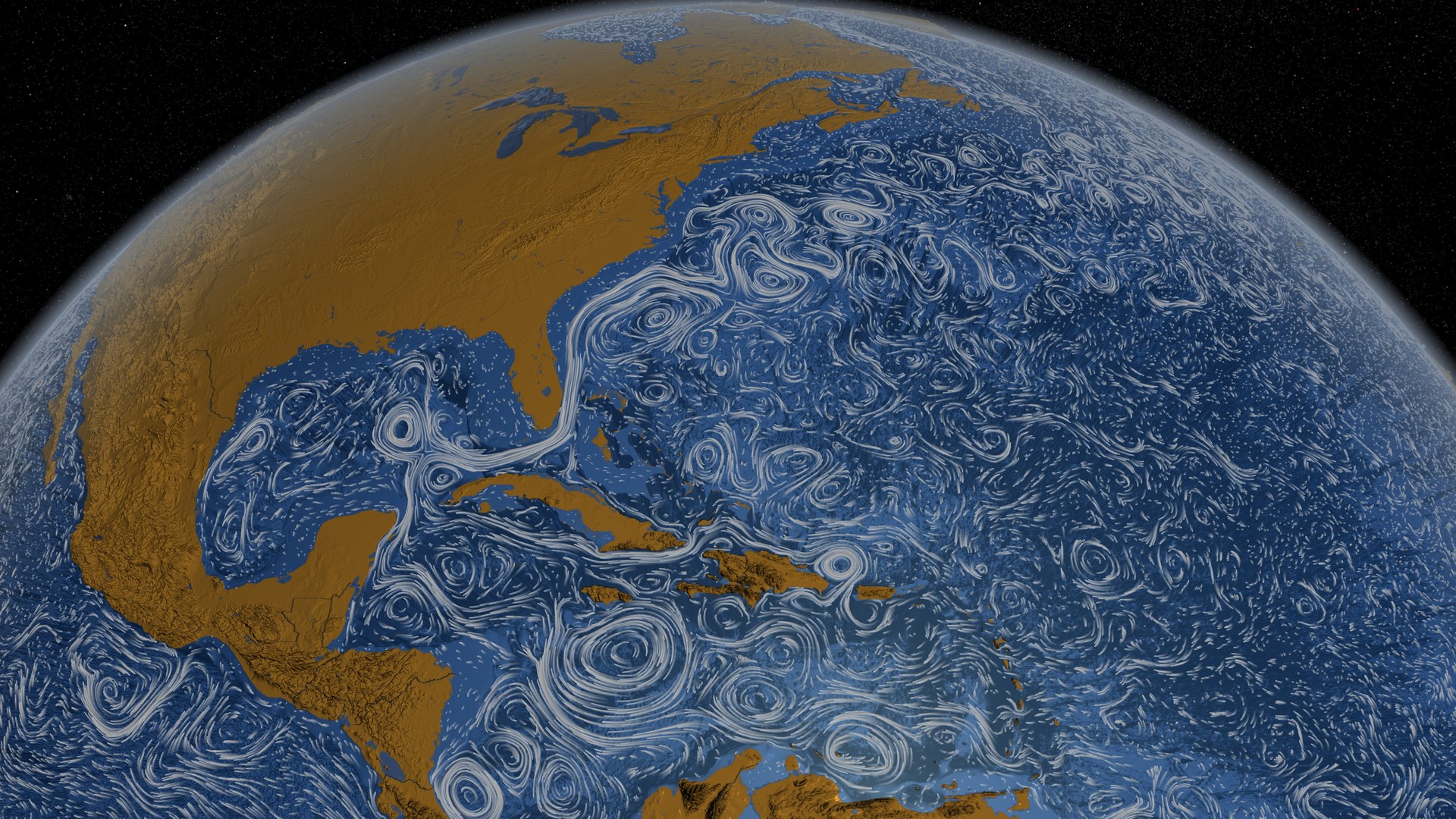 The global ocean circulation, visualised from NASA's ECCO2 and MITgcm simulations. The swirl of the Gulf Stream, the Kuroshio, the Antarctic Circumpolar Current, and the mesoscale eddies are all represented by finite-difference approximations whose mathematical ancestry traces directly to Bryan's 1969 paper. Photo: NASA Goddard SVS, "Perpetual Ocean" (public domain).