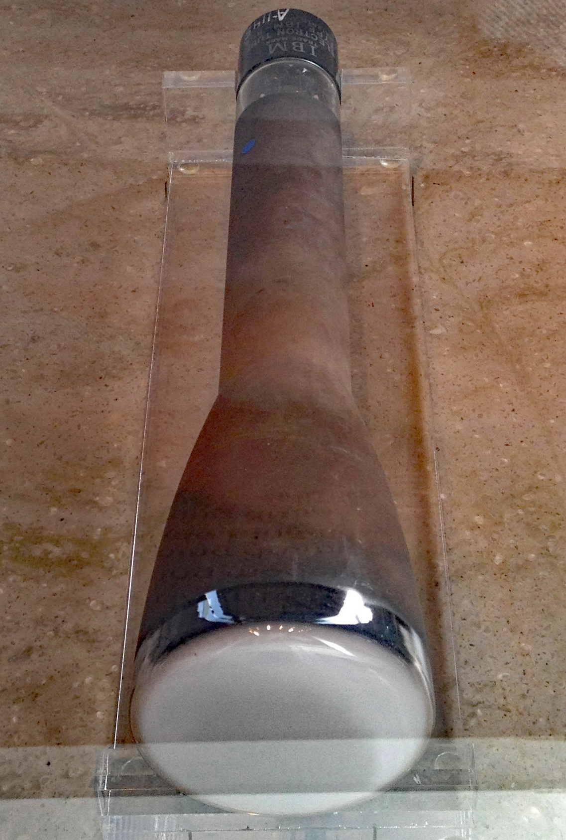 A Williams tube from an IBM 701. Each 3-inch CRT stored 1024 bits as patterns of charge on its phosphor face. 72 of these tubes together provided the 701's entire main memory: 2048 words, roughly 9 kilobytes. Photo: Computer History Museum via Wikimedia Commons.