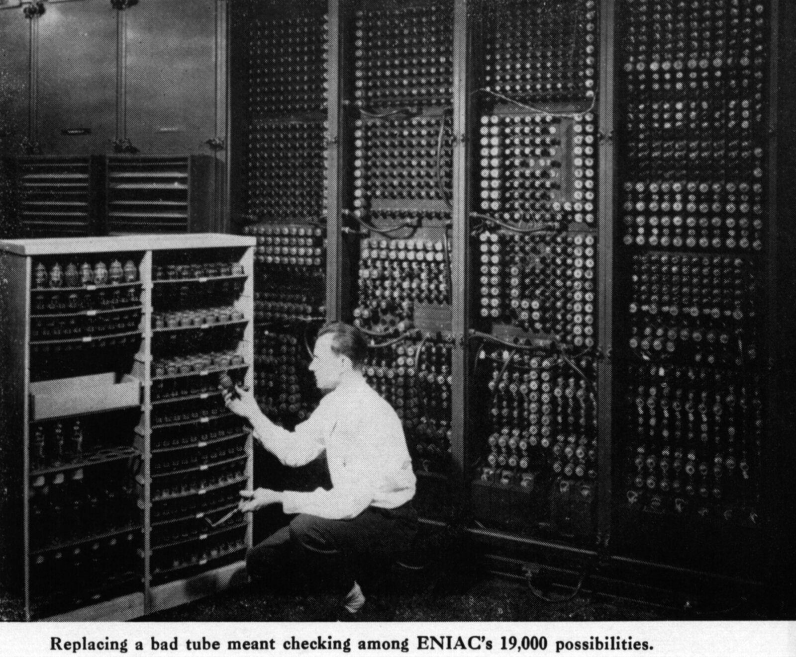 Replacing a bad tube meant checking among ENIAC's thousands of possibilities. U.S. Army photo, ARL Technical Library, public domain.